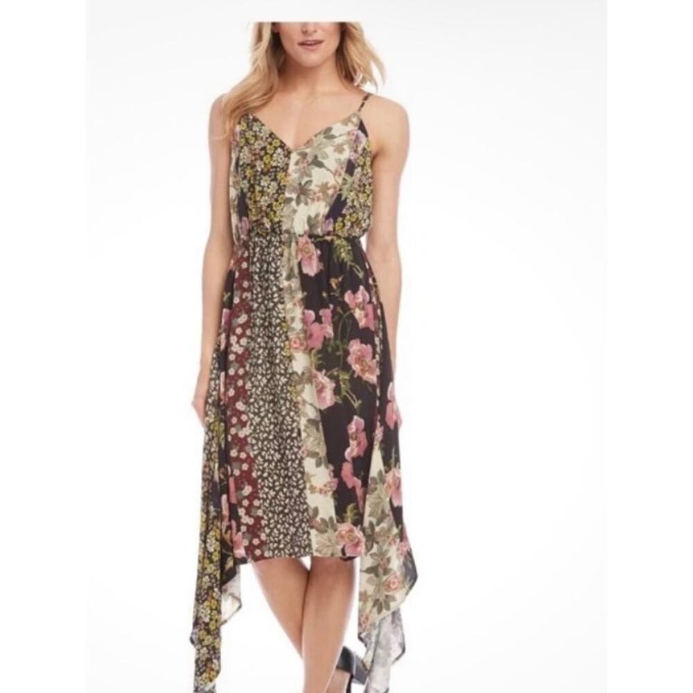 Karen Kane Amber Waves Print Cami Dress Sz L Asymmetrical Hem Boho Whimsy Artsy